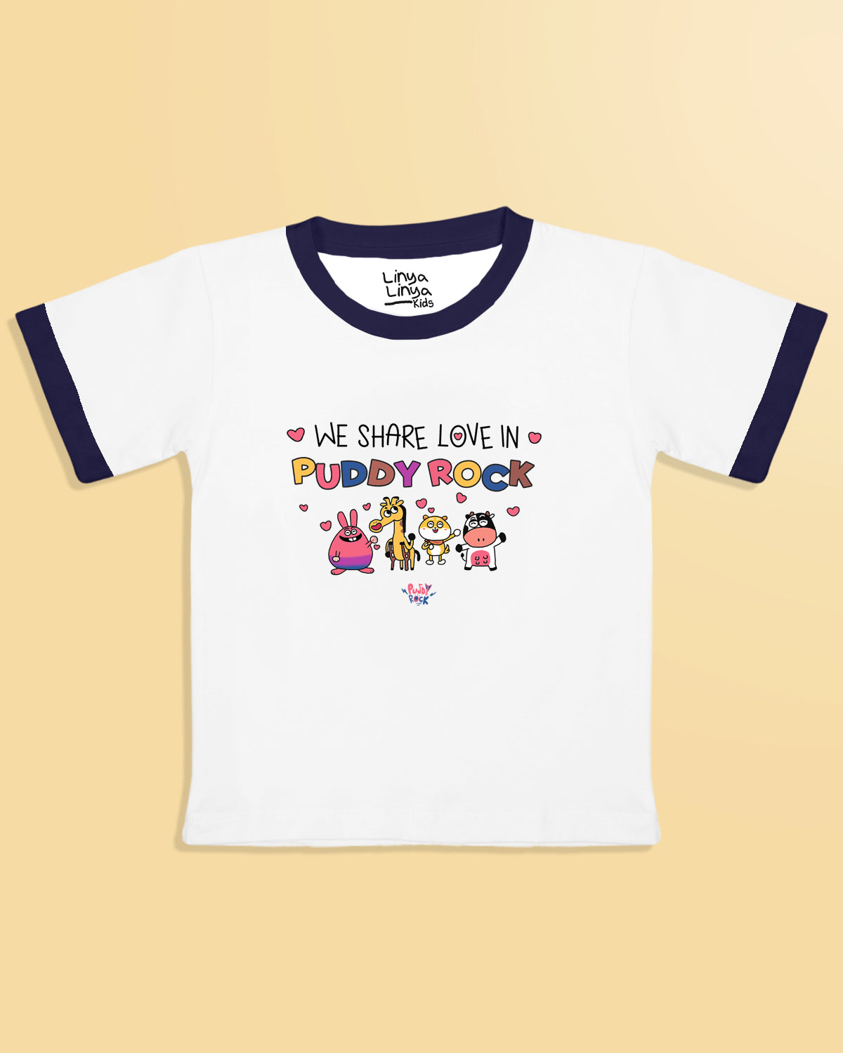 Puddy Rock Kids T-Shirt: We Share Love In Puddy Rock (Ringer Tee, White)