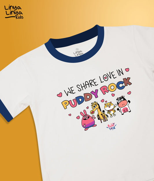 Puddy Rock Kids T-Shirt: We Share Love In Puddy Rock (Ringer Tee, White)